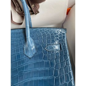 Hermes Birkin 30 Handmade Bag In Blue Tempete Crocodile Niloticus Shiny Skin