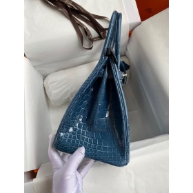 Hermes Birkin 30 Handmade Bag In Blue Tempete Crocodile Niloticus Shiny Skin