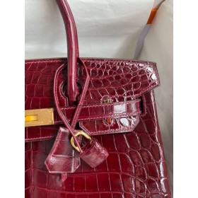 Hermes Birkin 30 Handmade Bag In Bordeaux Crocodile Niloticus Shiny Skin