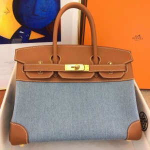 Hermes Birkin 30 Handmade Bag in Denim &amp; Gold Swift Leather