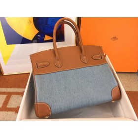 Hermes Birkin 30 Handmade Bag in Denim &amp; Gold Swift Leather