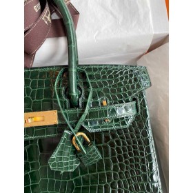 Hermes Birkin 30 Handmade Bag In Green Crocodile Porosus Shiny Skin