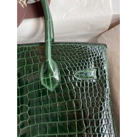 Hermes Birkin 30 Handmade Bag In Green Crocodile Porosus Shiny Skin