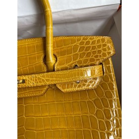 Hermes Birkin 30 Handmade Bag In Jaune Ambre Crocodile Niloticus Shiny Skin