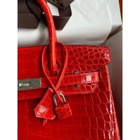 Hermes Birkin 30 Handmade Bag In Red Crocodile Niloticus Shiny Skin