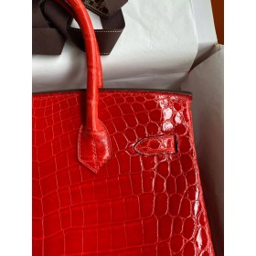 Hermes Birkin 30 Handmade Bag In Red Crocodile Niloticus Shiny Skin