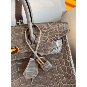 Hermes Birkin 30 Handmade Bag In Gris Tourterelle Crocodile Niloticus Shiny Skin