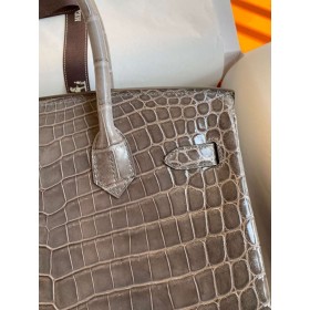 Hermes Birkin 30 Handmade Bag In Gris Tourterelle Crocodile Niloticus Shiny Skin