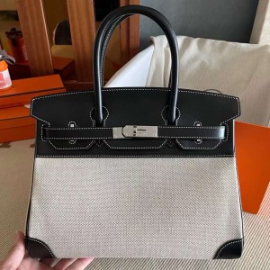 Hermes Birkin 30 Handmade Bag in Toile &amp; Black Box Calfskin