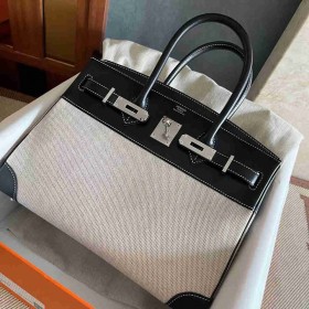 Hermes Birkin 30 Handmade Bag in Toile &amp; Black Box Calfskin