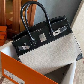 Hermes Birkin 30 Handmade Bag in Toile &amp; Black Box Calfskin
