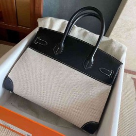 Hermes Birkin 30 Handmade Bag in Toile &amp; Black Box Calfskin