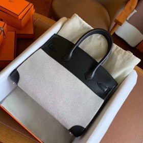 Hermes Birkin 30 Handmade Bag In Toile &amp; Black Swift Leather