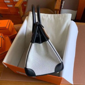 Hermes Birkin 30 Handmade Bag In Toile &amp; Black Swift Leather