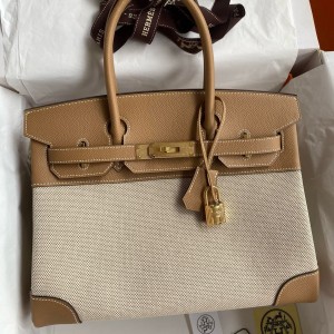 Hermes Birkin 30 Handmade Bag In Toile &amp; Chai Epsom Leather