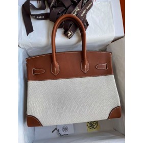 Hermes Birkin 30 Handmade Bag In Toile &amp; Gold Swift Leather