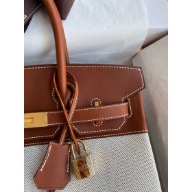 Hermes Birkin 30 Handmade Bag In Toile &amp; Gold Swift Leather