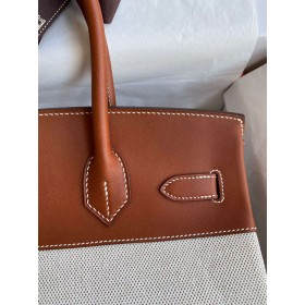 Hermes Birkin 30 Handmade Bag In Toile &amp; Gold Swift Leather