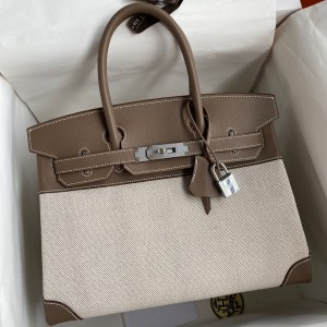 Hermes Birkin 30 Handmade Bag In Toile &amp; Tourterelle Swift Leather