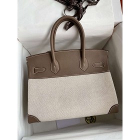 Hermes Birkin 30 Handmade Bag In Toile &amp; Tourterelle Swift Leather