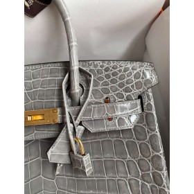 Hermes Birkin 30 Handmade Bag In Gris Ciment Crocodile Niloticus Shiny Skin