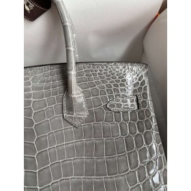 Hermes Birkin 30 Handmade Bag In Gris Ciment Crocodile Niloticus Shiny Skin