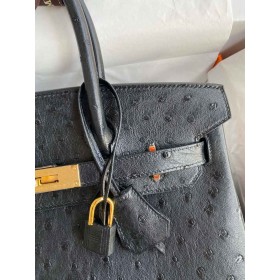 Hermes Birkin 30 Retourne Handmade Bag In Black Ostrich Leather