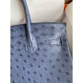 Hermes Birkin 30 Retourne Handmade Bag In Blue de Malte Ostrich Leather