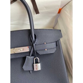 Hermes Birkin 30 Retourne Handmade Bag In Blue Nuit Clemence Leather