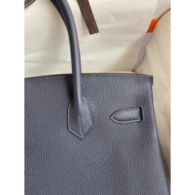 Hermes Birkin 30 Retourne Handmade Bag In Blue Nuit Clemence Leather