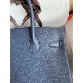 Hermes Birkin 30 Retourne Handmade Bag In Blue Saphir Clemence Leather