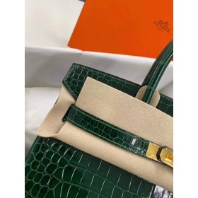 Hermes Birkin 30 Bag In Green Crocodile Porosus Shiny Skin