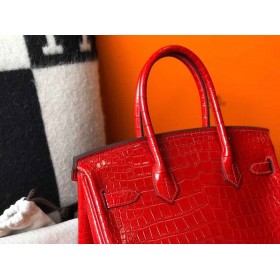 Hermes Birkin 30cm Bag In Red Embossed Crocodile Leather