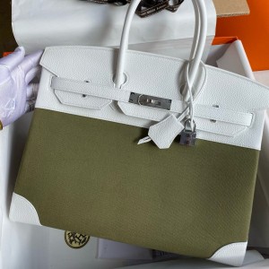 Hermes Birkin 35 Handmade Bag in Green Toile &amp; White Clemence Leather