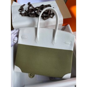 Hermes Birkin 35 Handmade Bag in Green Toile &amp; White Clemence Leather