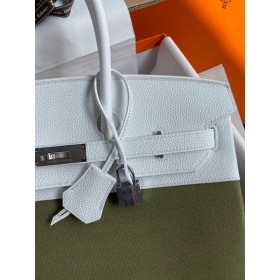 Hermes Birkin 35 Handmade Bag in Green Toile &amp; White Clemence Leather