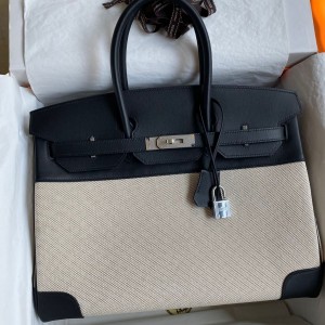 Hermes Birkin 35 Handmade Bag In Toile &amp; Black Swift Leather
