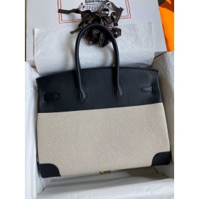 Hermes Birkin 35 Handmade Bag In Toile &amp; Black Swift Leather