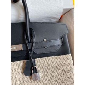Hermes Birkin 35 Handmade Bag In Toile &amp; Black Swift Leather