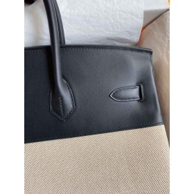 Hermes Birkin 35 Handmade Bag In Toile &amp; Black Swift Leather