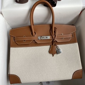 Hermes Birkin 35 Handmade Bag In Toile &amp; Gold Swift Leather