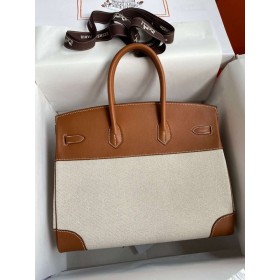 Hermes Birkin 35 Handmade Bag In Toile &amp; Gold Swift Leather