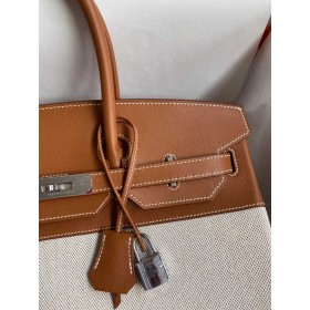 Hermes Birkin 35 Handmade Bag In Toile &amp; Gold Swift Leather