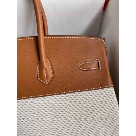 Hermes Birkin 35 Handmade Bag In Toile &amp; Gold Swift Leather