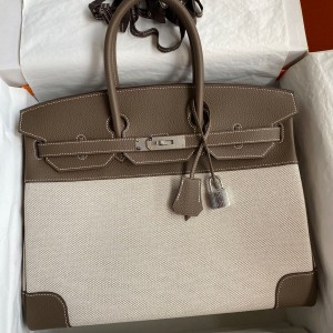 Hermes Birkin 35 Handmade Bag In Toile &amp; Taupe Clemence Leather