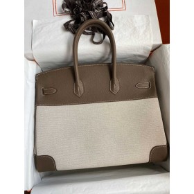 Hermes Birkin 35 Handmade Bag In Toile &amp; Taupe Clemence Leather