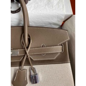 Hermes Birkin 35 Handmade Bag In Toile &amp; Taupe Clemence Leather