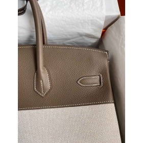 Hermes Birkin 35 Handmade Bag In Toile &amp; Taupe Clemence Leather