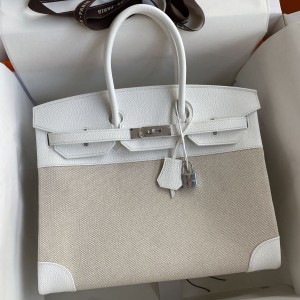 Hermes Birkin 35 Handmade Bag In Toile &amp; White Clemence Leather