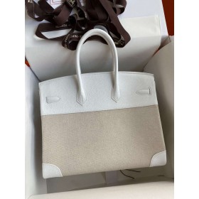 Hermes Birkin 35 Handmade Bag In Toile &amp; White Clemence Leather